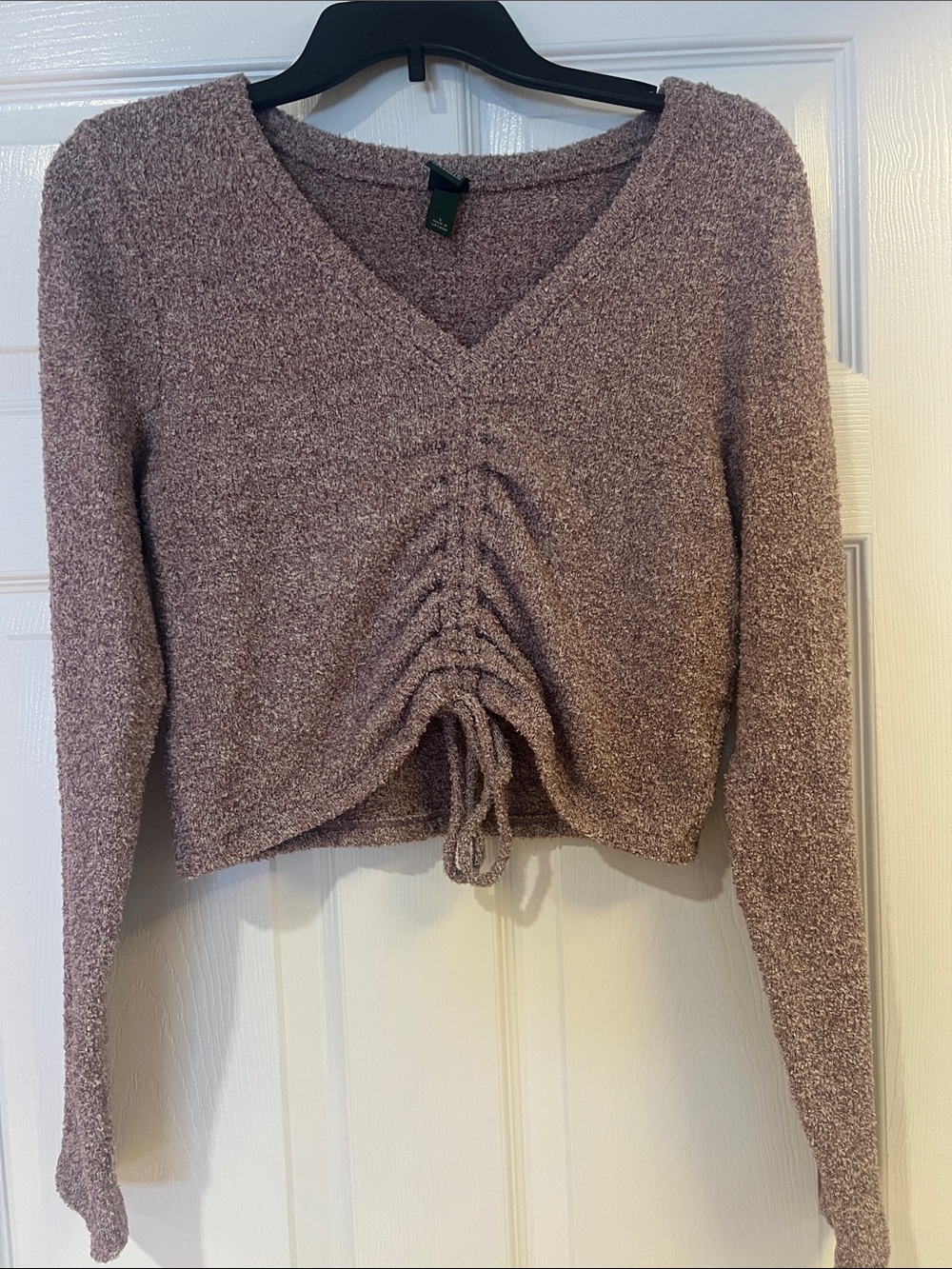 Wild Fable Mauve V-Neck Ruched Drawstring Fuzzy Crop Sweater